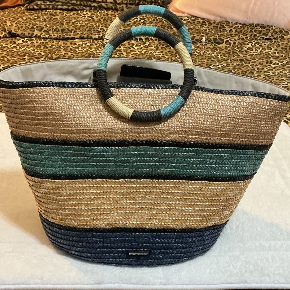 Rebecca Minkoff Straw Tote with Green, Navy and Natural Stripes